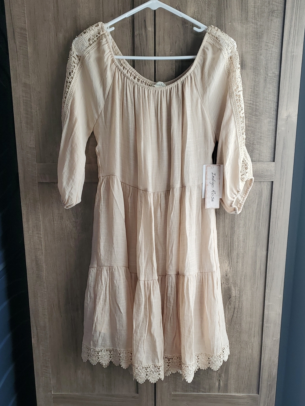 Indigo Rose Women's Cream Tiered Boho Dress with Crochet Trim